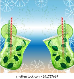 glasses of mojito cocktail on the beach background