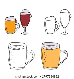 Glasses and a mug of beer with foam, outline and color illustration, vector hand draw illustration for design and creativity