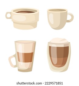 Glasses and mugs with hot coffee vector illustrations set. Collection of cartoon drawings of transparent cups and ceramic mugs on white background. Beverage, morning, breakfast, coffee shop concept