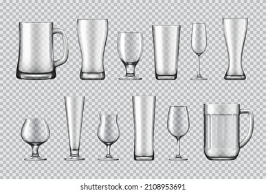 Glasses, mugs and wine glasses, crockery set. Beer tankard, champagne flute and shaker pint, snifter, tulip and goblet, pilsner, weizen 3d realistic vector mockup. Bar, restaurant and pub glassware