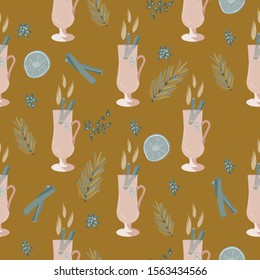 Glasses with mulled wine and pine tree twigs seamless pattern on mustard background. Festive textile, web, wrapping paper, background fill.