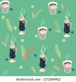 Glasses with mulled wine and pine tree twigs seamless pattern on green background