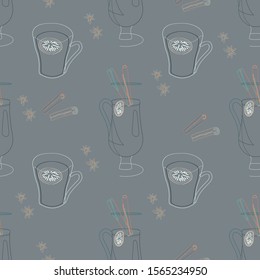 Glasses with mulled wine and spices silhouette seamless pattern on grey background. Festive textile, web, wrapping paper, background fill.