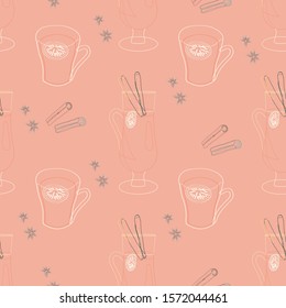 Glasses with mulled wine and spices silhouette seamless pattern on pink background. Festive textile, web, wrapping paper, background fill.