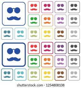 Glasses and mustache color flat icons in rounded square frames. Thin and thick versions included.