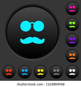 Glasses and mustache dark push buttons with vivid color icons on dark grey background