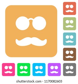Glasses and mustache flat icons on rounded square vivid color backgrounds.