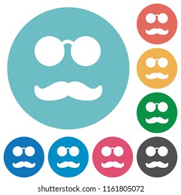 Glasses and mustache flat white icons on round color backgrounds