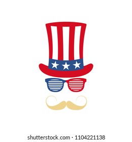 Glasses, mustache and hat of Uncle Sam.  American flag. National holiday in United States of America Independence Day. Vector illustration.