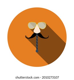 Glasses And Mustache Icon. Flat Circle Stencil Design With Long Shadow. Vector Illustration.