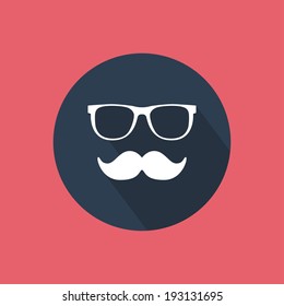 Glasses and mustache icon. Flat design with long shadow. Vector illustration