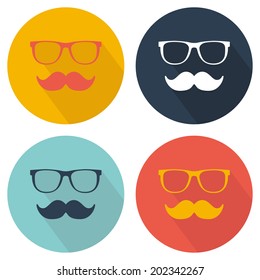 Glasses and mustache icon. Flat design with long shadow. Vector illustration