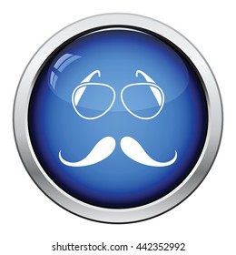 Glasses and mustache icon. Glossy button design. Vector illustration.