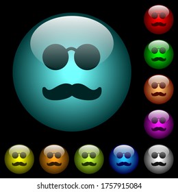 Glasses and mustache icons in color illuminated spherical glass buttons on black background. Can be used to black or dark templates