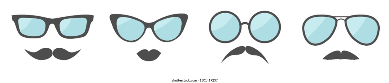 Glasses and mustache lips moustaches face icon set line. Sunglasses collection. Isolated. White background. Flat design. Man woman male female sign symbol. Vector illustration