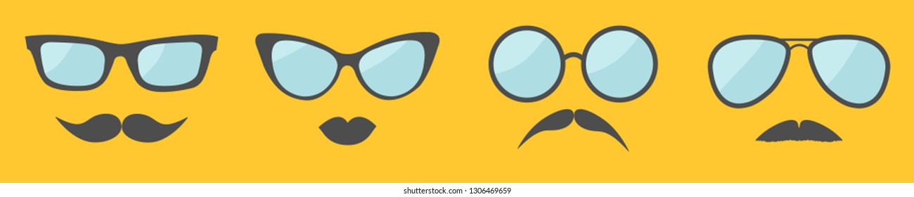 Glasses and mustache lips moustaches face icon set line. Sunglasses collection. Flat design. Man woman male female sign symbol. Isolated. Yellow background. Vector illustration