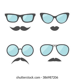 Glasses and mustache lips moustaches face icon set.  Isolated White background. Flat design Vector illustration