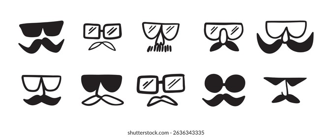 glasses and mustache male funny comic icon doodle hand drawn icon set. Outline drawing line clipart symbol collection. Vector illustration