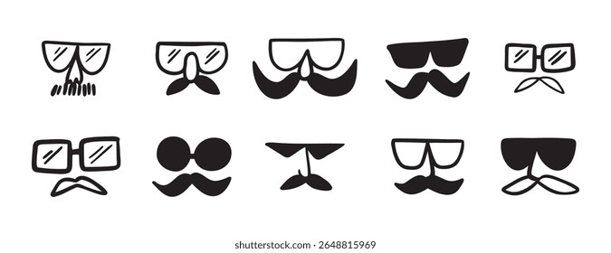 óculos e bigode masculino engraçado ícone cômico doodle mão desenhado ícone set. Coleção de símbolos de clipart de linha de desenho de estrutura de tópicos. Ilustração vetorial