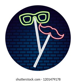 glasses mustache party neon brick wall