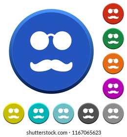 Glasses and mustache round color beveled buttons with smooth surfaces and flat white icons