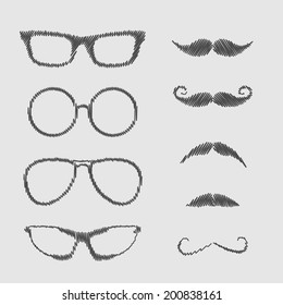 Glasses and mustache set. Isolated Icons. Scribble effect. Vector illustration