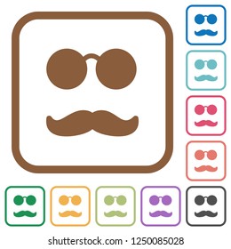 Glasses and mustache simple icons in color rounded square frames on white background