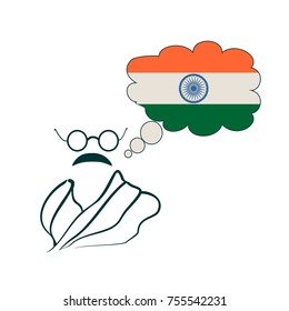 Glasses and mustache. Stylized Simple Flat Style Portrait of Gandhi. National Flag of India in the Bubble Speech