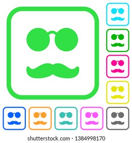 Glasses and mustache vivid colored flat icons in curved borders on white background