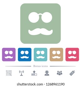 Glasses and mustache white flat icons on color rounded square backgrounds. 6 bonus icons included