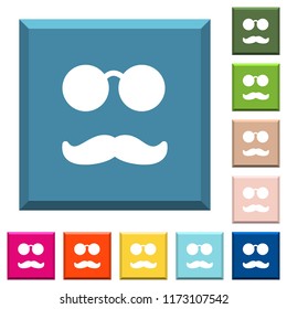 Glasses and mustache white icons on edged square buttons in various trendy colors