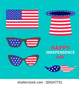 Glasses mustaches hat flag set. Happy independence day United states of America. 4th of July. Vector illustration