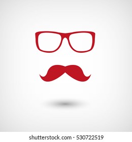 glasses and mustaches - red vector  icon with shadow