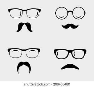 Glasses and mustaches set. Retro, hipster styles. Vector illustration