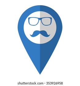 glasses and mustaches - vector icon; blue map  pointer