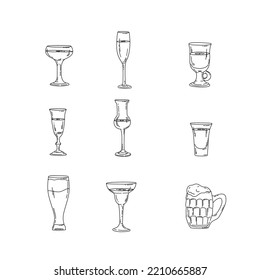 Glasses with names, line icons set. Vector illustration