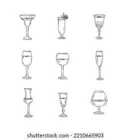 Glasses with names, line icons set. Vector illustration