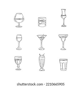 Glasses with names, line icons set. Vector illustration