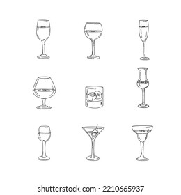 Glasses with names, line icons set. Vector illustration