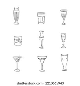 Glasses with names, line icons set. Vector illustration