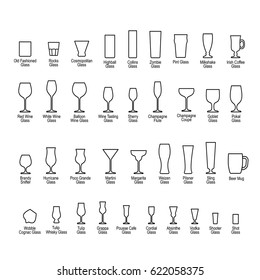 Glasses with names, line icons set. Vector illustration