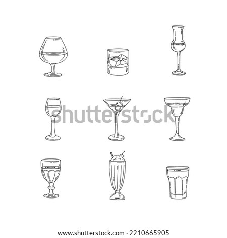 Glasses with names, line icons set. Vector illustration