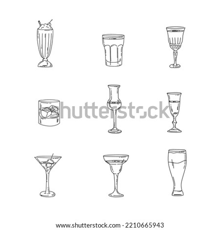 Glasses with names, line icons set. Vector illustration