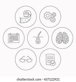 Glasses, neurology and trichology icons. Weight loss linear sign. Check file, calendar and cogwheel icons. Vector