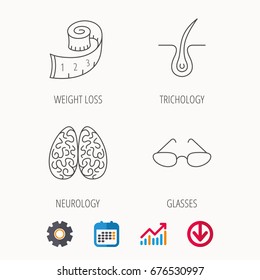 Glasses, neurology and trichology icons. Weight loss linear sign. Calendar, Graph chart and Cogwheel signs. Download colored web icon. Vector