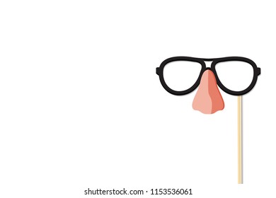 glasses and nose on a plastic stick are isolated on a white background. retro vintage art design.