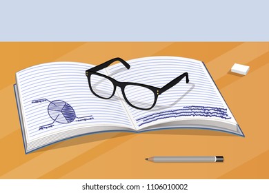 Glasses, notebook with data, diagram chart info, pencil eraser stationary, eyeglasses and business plan analysis, table working accessories vector