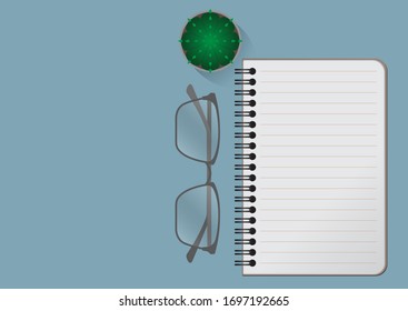 Glasses with notebook on blue background, Flat lay top view mock up.