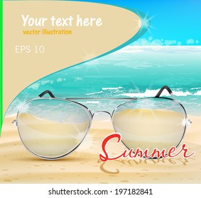 glasses on the beach. Sea. The postcard template. Vector