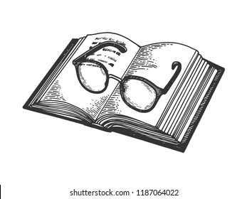 Glasses on book engraving vector illustration. Scratch board style imitation. Black and white hand drawn image.